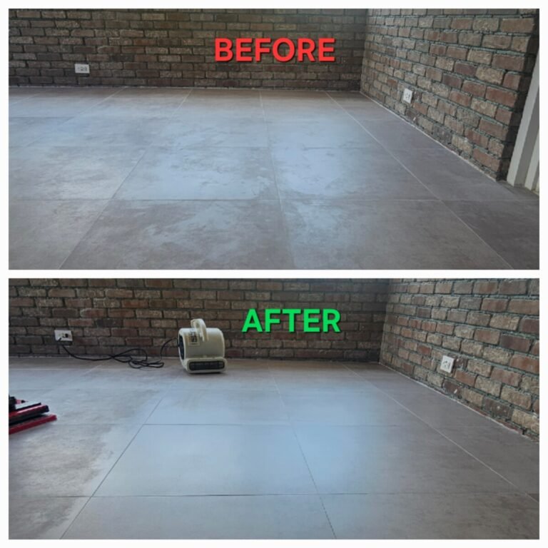 Cement residue removal porcelain floor before and after Miramar FL — EGR Cleaning Solutions